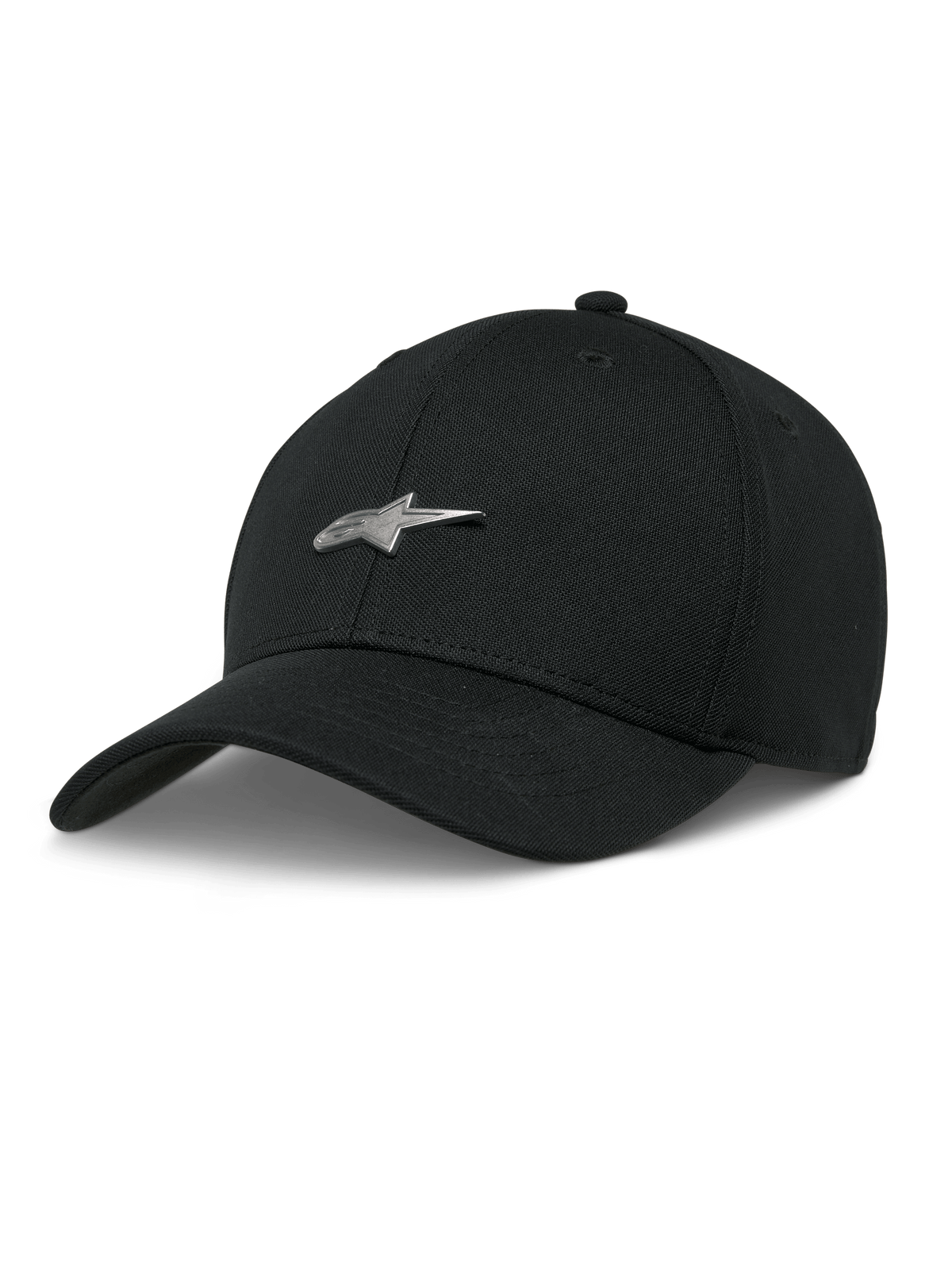 Alpinestars Metal Logo Cap, schwarze Baseball-Cap, silbernes 3D-Metall-Stern-Logo, gebogener Schirm, strukturierte Krone, lässiger Motorsport-Stil
