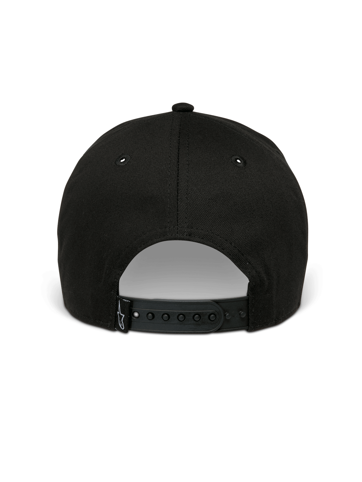 Alpinestars Canyon Mütze, schwarze Snapback-Kappe, Rückansicht mit verstellbarem Druckknopfverschluss und kleinem gewebten Astars-Logo-Etikett, 100 % Baumwolltwill, lässige vom Motorsport inspirierte Kopfbedeckung