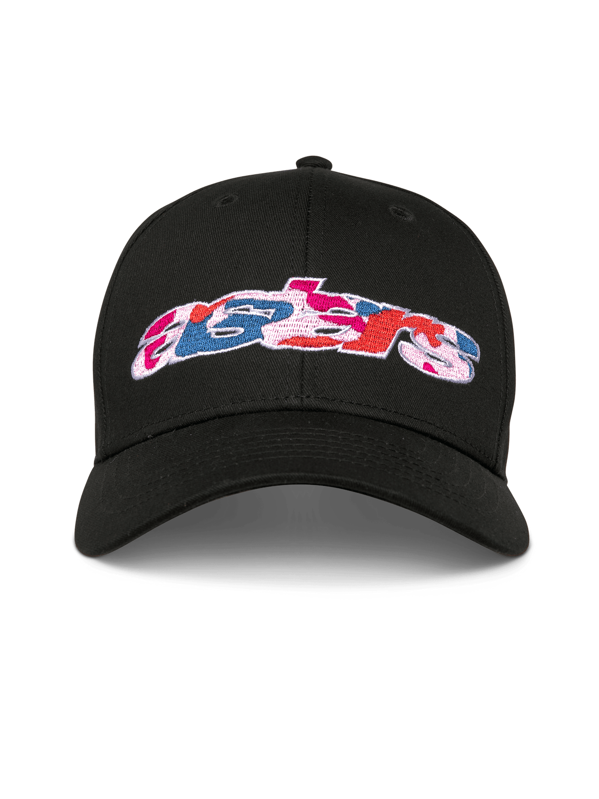 Alpinestars Canyon Cap, schwarze Snapback-Baseballkappe, gebogener Schirm und strukturierte Krone, Astars-Logo auf der Vorderseite mit Camouflage-Stickerei, lässige Sportbekleidung