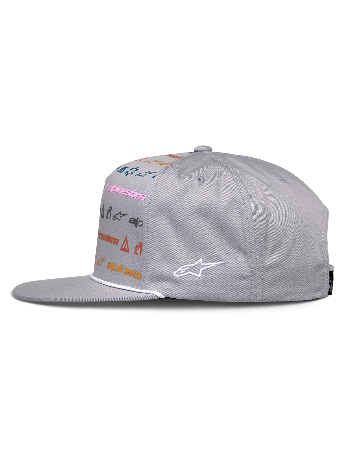 Alpinestars Glphy Hat, Gray snapback hat, side view, flat bill with white rope trim, featuring multi-colored logo print on the front and white embroidered logo on the side, casual motorsport streetwear