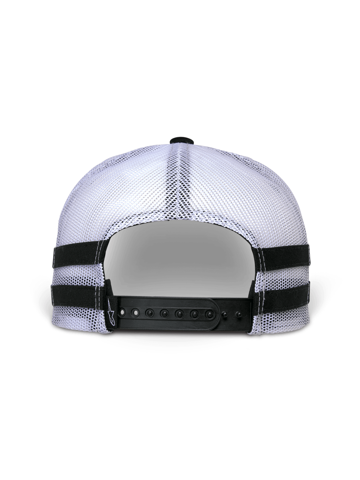 Alpinestars Backline Trucker Hat, back view, white mesh back with black snap-back closure, features horizontal black applique stripes on the sides, casual motorsport streetwear style