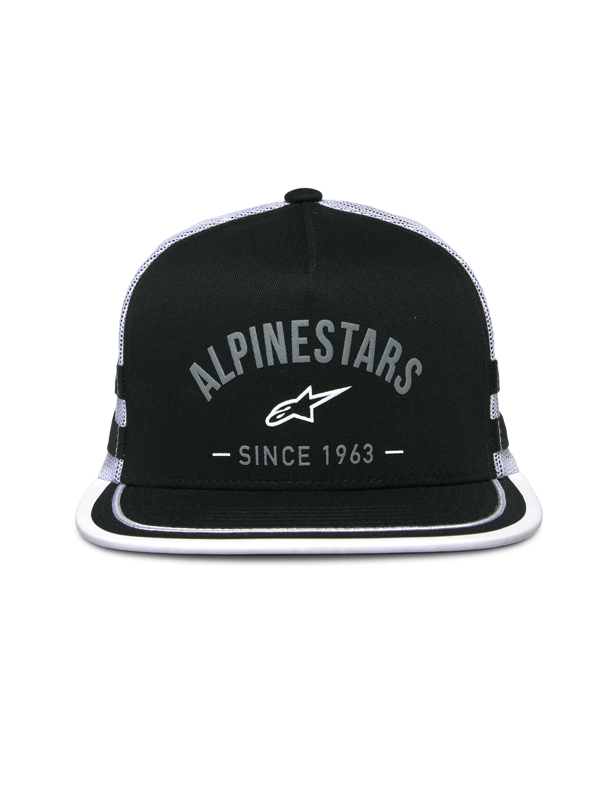 Alpinestars Backline Trucker Hat, Trucker Cap, Black and White, front logo graphic with 'Alpinestars Since 1963', flat bill with white trim, structured crown and mesh back