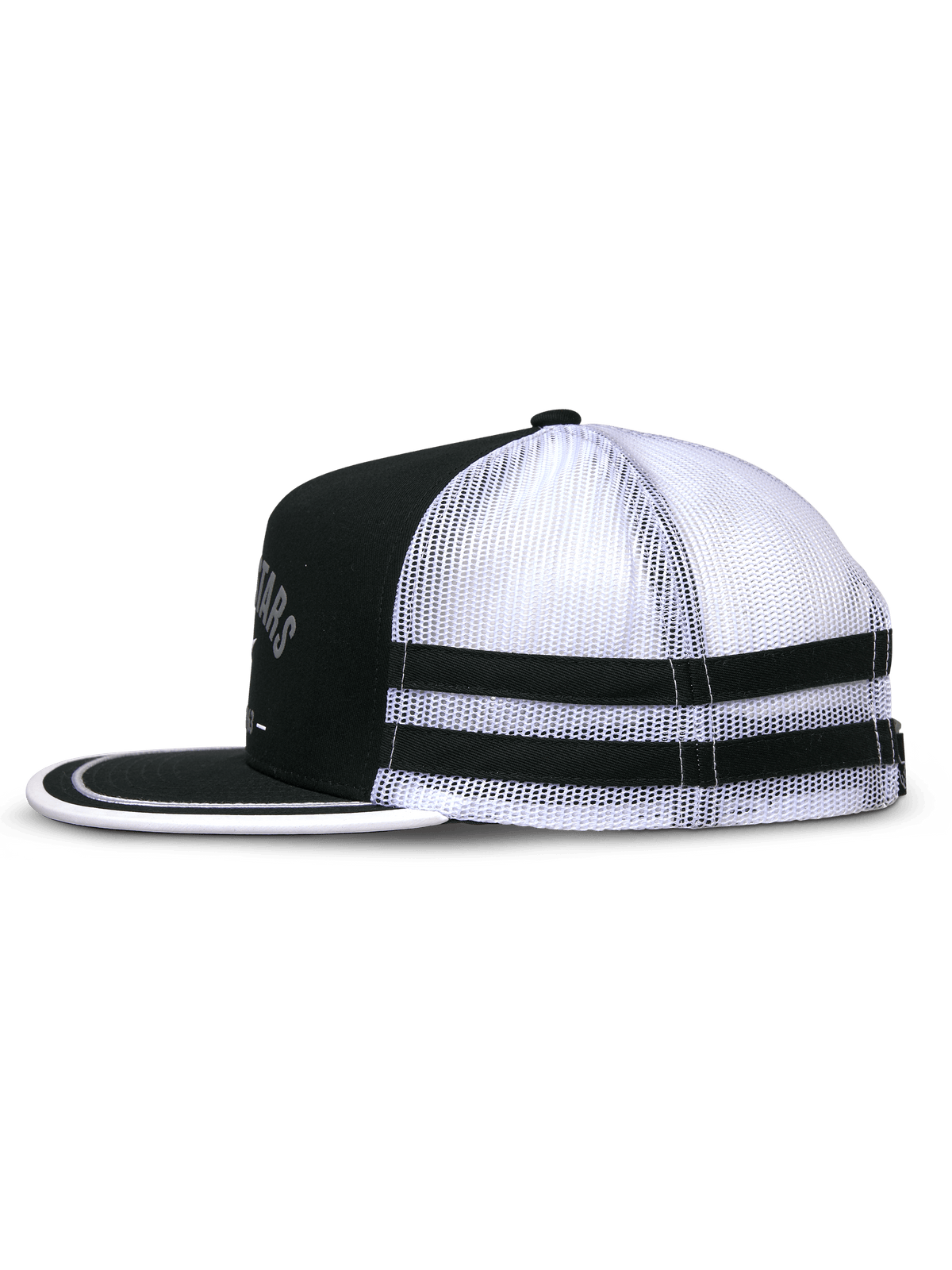 Alpinestars Backline Trucker Hat, Black and White, side profile view showing black twill front and white mesh back, flat bill with white suttache trim, double black applique stripes on the side, motorsport-inspired casual hat.