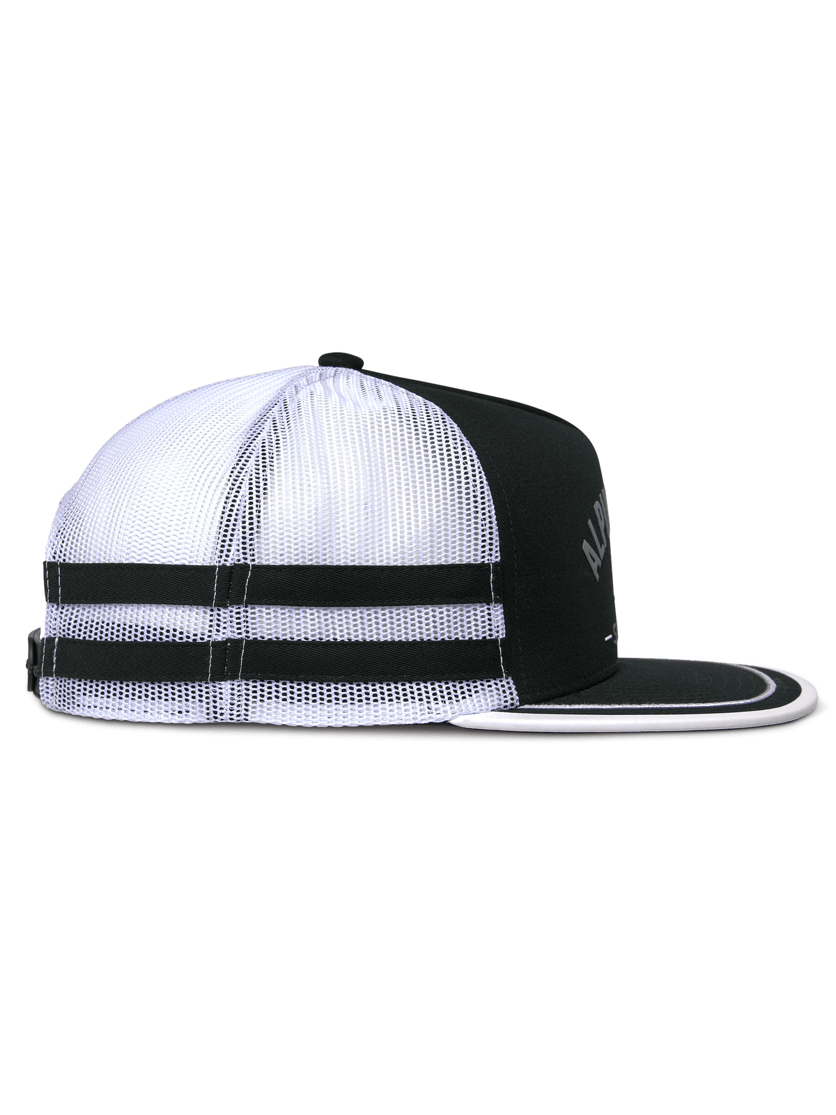 Alpinestars Backline Trucker Hat, Side View, Black White and Gray, featuring white mesh back with two black horizontal stripes, structured black crown, and flat bill with white trim, casual motorsport-inspired headwear.