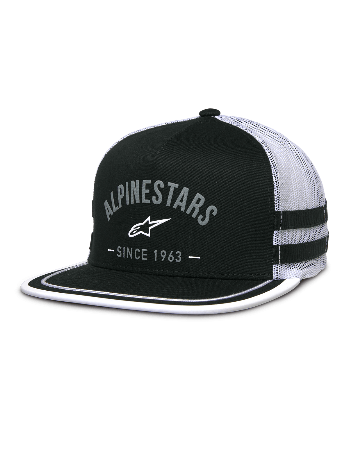 Alpinestars Backline Trucker Hat, black twill front and white mesh back, flat bill with white suttache trim on the edge, grey arched Alpinestars logo with Since 1963 text, side applique stripes, casual motorsport-inspired snapback cap