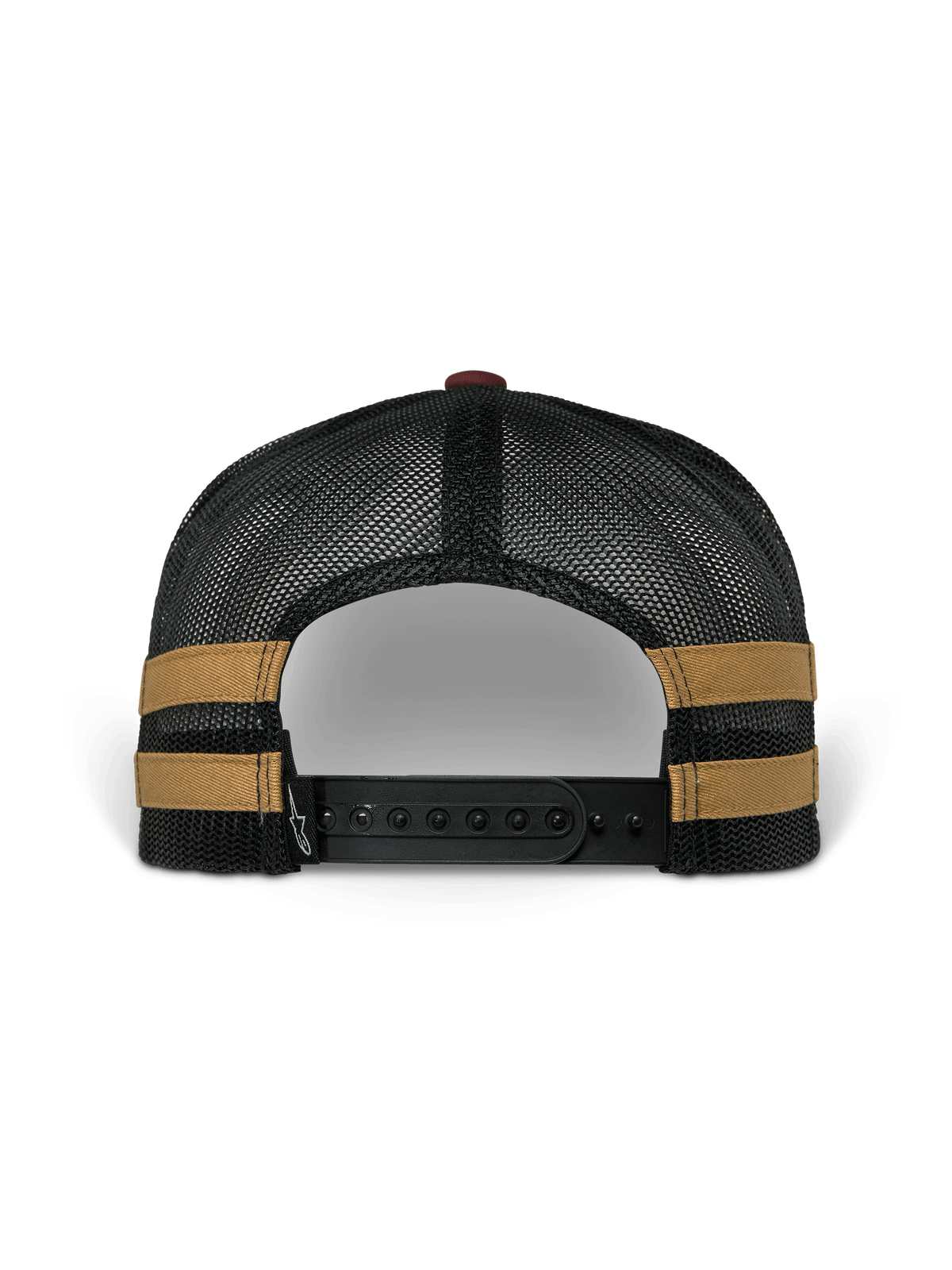 Alpinestars Backline Trucker Mütze, Rückansicht, schwarze Poly-Mesh-Rückseite mit senffarbenen Seitenstreifen, verstellbarer schwarzer Snapback-Verschluss, lässige, vom Motorsport inspirierte Kopfbedeckung