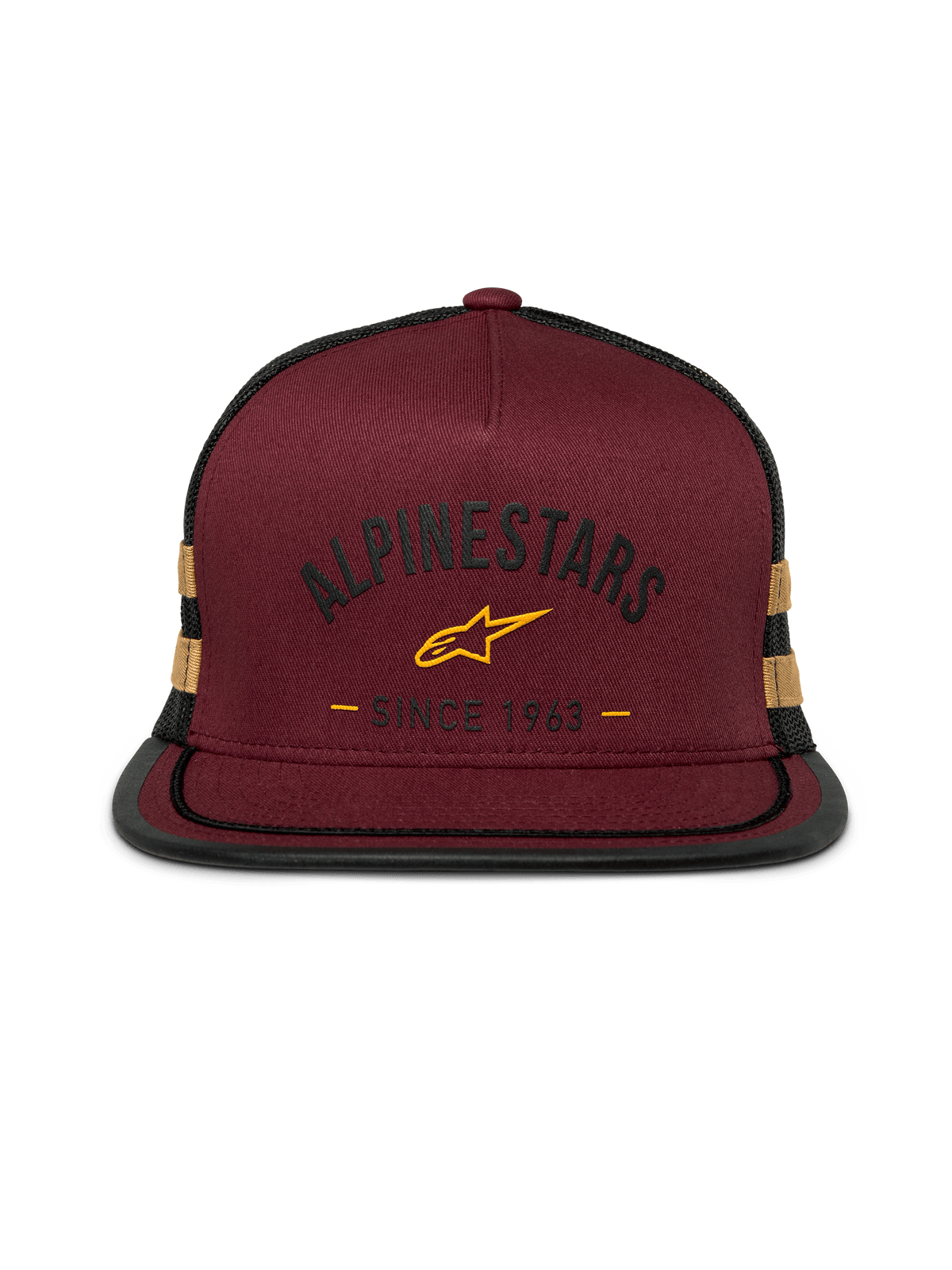 Alpinestars Backline Trucker Hat, Snapback mit flachem Schirm, ziegelrote Twill-Vorderseite mit schwarzer Mesh-Rückseite, senfgelbes Logo und Seitenstreifen, strukturierte Krone mit Soutache-Besatz am Schirm, lässige Motorsport-Streetwear