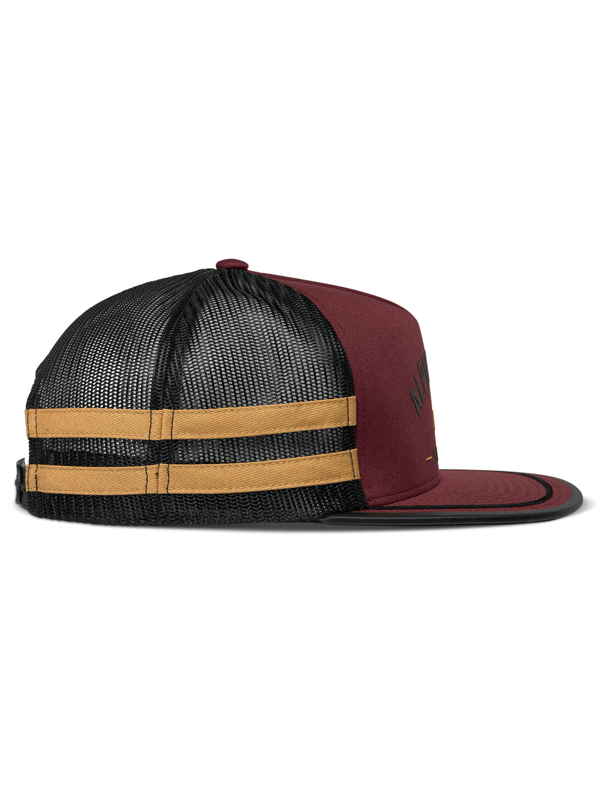 Alpinestars Backline Trucker Mütze, Brick, Schwarz und Senfgelb, Seitenansicht, dunkelrote Twill-Vorderseite mit schwarzem Mesh-Rücken und gelben Seitenstreifen, flacher Schirm mit schwarzem Soutache-Besatz, lässige vom Motorsport inspirierte Kopfbedeckung