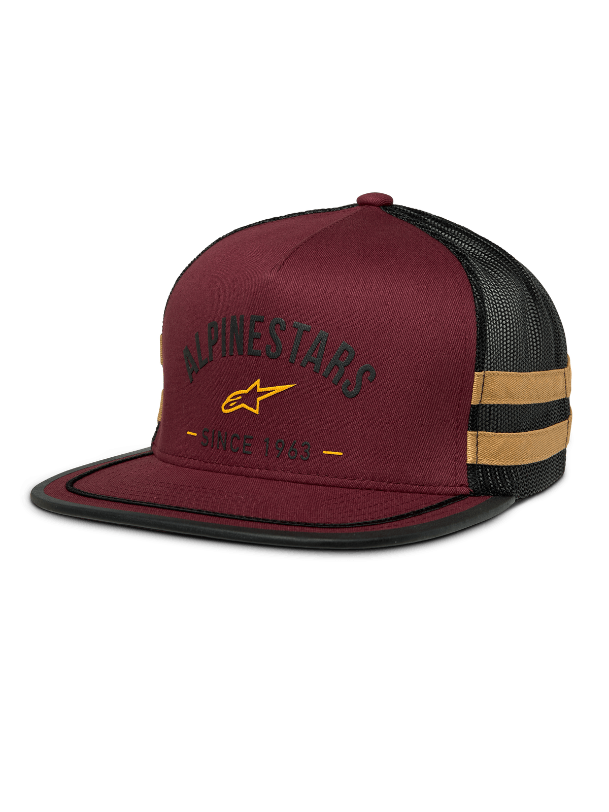Alpinestars Backline Trucker Hat, kastanienbraune und schwarze Mesh-Kappe, gelbes Stern-Logo und „Since 1963“ Heritage-Grafik, strukturierte Krone mit flachem Schirm, senfgelbe Seitenstreifen