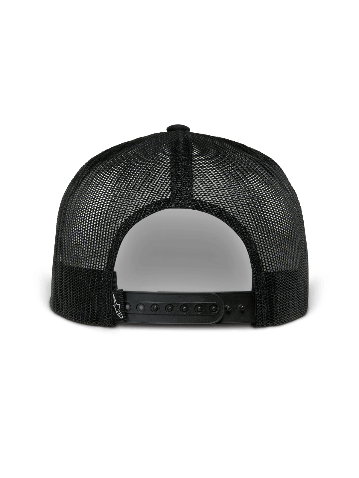 Alpinestars Orion Trucker Mütze, Rückansicht, Marineblau und Schwarz, mit schwarzem Poly-Netzgewebe und Snapback-Verschluss, lässige, vom Motorsport inspirierte Kopfbedeckung