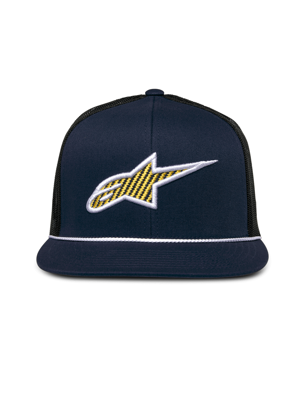 Alpinestars Orion Trucker Kappe, Marineblau und Schwarz, 3D Ageless-Logo auf der Vorderseite mit gelber Musterfüllung und weißem Rand, flacher Schirm mit weißem Seilbesatz, strukturierte Krone und schwarze Mesh-Rückseite, lässige Motorsport-Kopfbedeckung