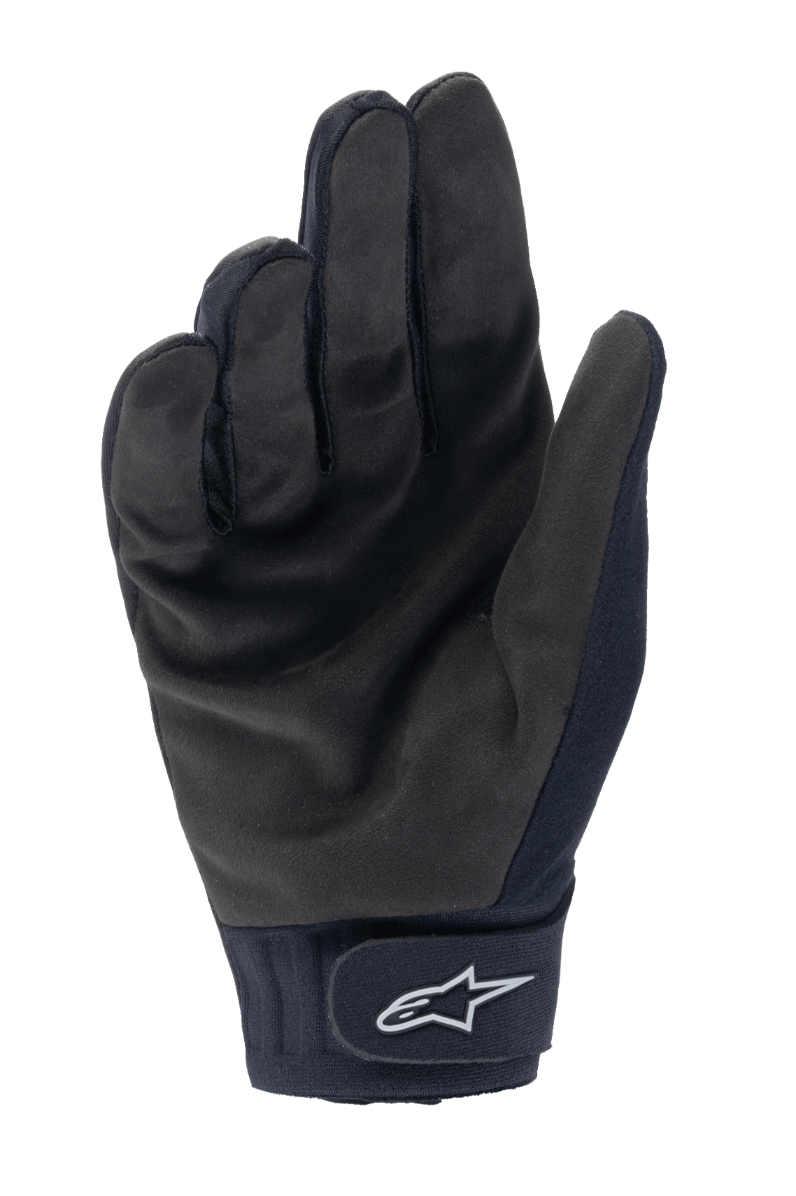 Alpinestars A-Dura Thermo-Handschuhe, schwarze MTB-Fahrradhandschuhe, Handflächenansicht mit strapazierfähigem synthetischem Wildleder und Klettverschluss am Handgelenk mit weißem Alpinestars-Logo, Thermo-Fahrradausrüstung für kaltes Wetter