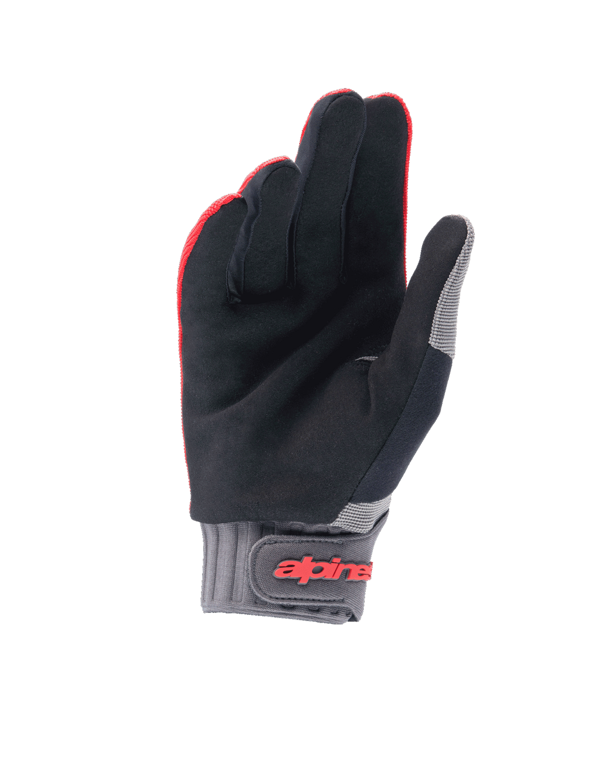 Alpinestars Youth A-Dura Gloves, Mountain Bike Gloves, Red Fluo and Black, palm view showing synthetic suede material, grey neoprene cuff with hook and loop strap featuring red Alpinestars logo, designed for youth cycling