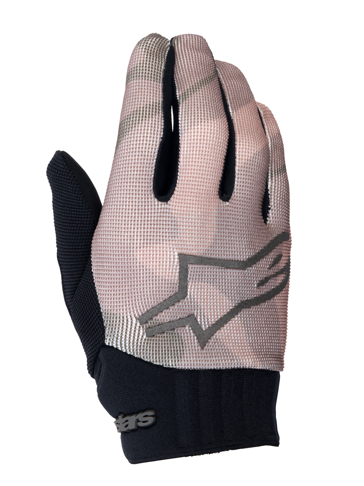 Alpinestars Youth A-Dura Handschuhe, Mountainbike-Handschuhe, Braun-Camo und Schwarz, mit grauem Stern-Logo auf dem Handrücken, schwarzer Neopren-Manschette und atmungsaktivem Textil-Obermaterial für junge Fahrer.