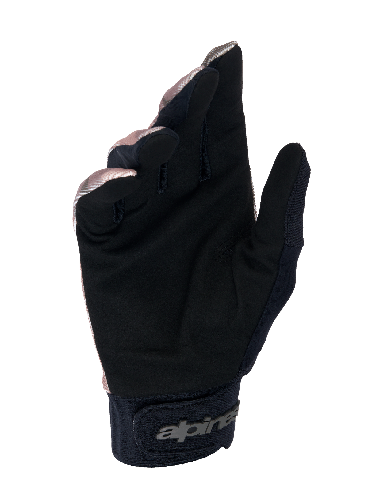 Alpinestars A-Dura Squad Gloves, MTB Gloves, Camo and Brown, palm view showing black synthetic suede, neoprene cuff with hook-and-loop closure and Alpinestars logo, durable design for mountain biking