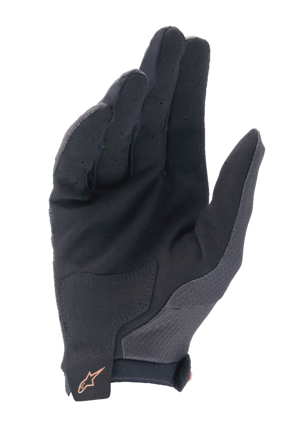 Alpinestars A-Aria Gloves, MTB Cycling Gloves, Black with Dark Gold logo, palm view showing synthetic suede material, perforated fingers for ventilation, and reinforced palm patch.