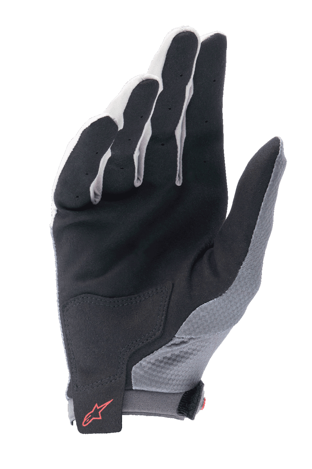 Alpinestars A-Aria Handschuhe, Dunkelgrau und Schwarz, Handflächenansicht eines leichten Radhandschuhs mit einer Handfläche aus schwarzem synthetischem Wildleder, verstärktem Patch an der unteren Handfläche, belüfteten Fingern und einem roten Alpinestars-Logo auf dem Klettverschluss am Handgelenk