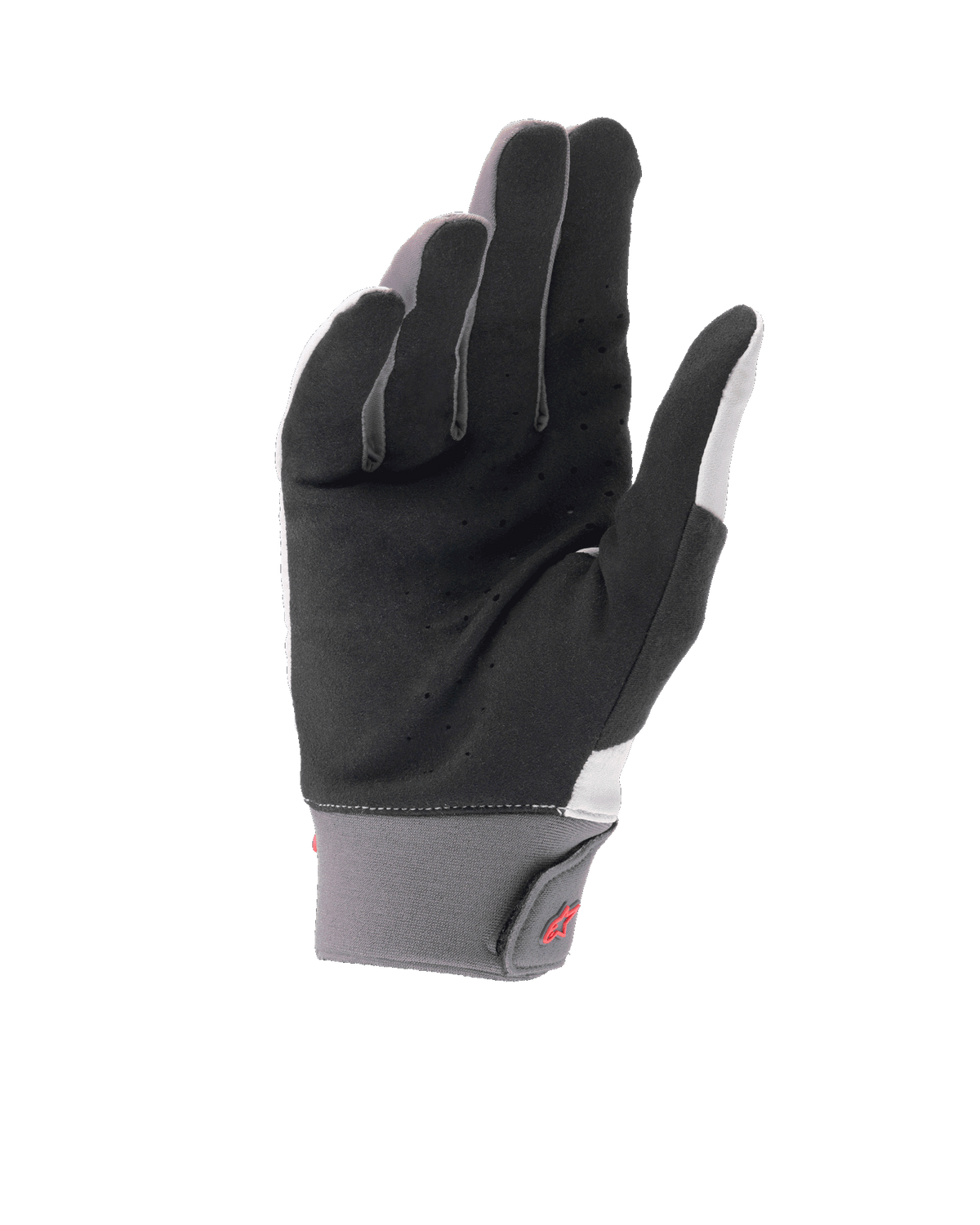 Alpinestars A-Supra Shield Handschuhe, hellgraue Mountainbike-Handschuhe, Handflächenansicht mit perforiertem schwarzen synthetischen Wildleder zur Belüftung, graue Neoprenmanschette mit Klettverschluss und rotem Logo