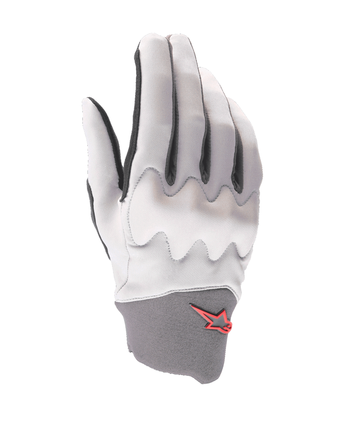 Alpinestars A-Supra Shield Handschuhe, Mountainbike-Handschuhe, Hellgrau, mit wellenförmigem Knöchelschutz, dunkelgrauer Neoprenbund mit rotem Sternlogo, ergonomisches Design für Gravity-Radsport
