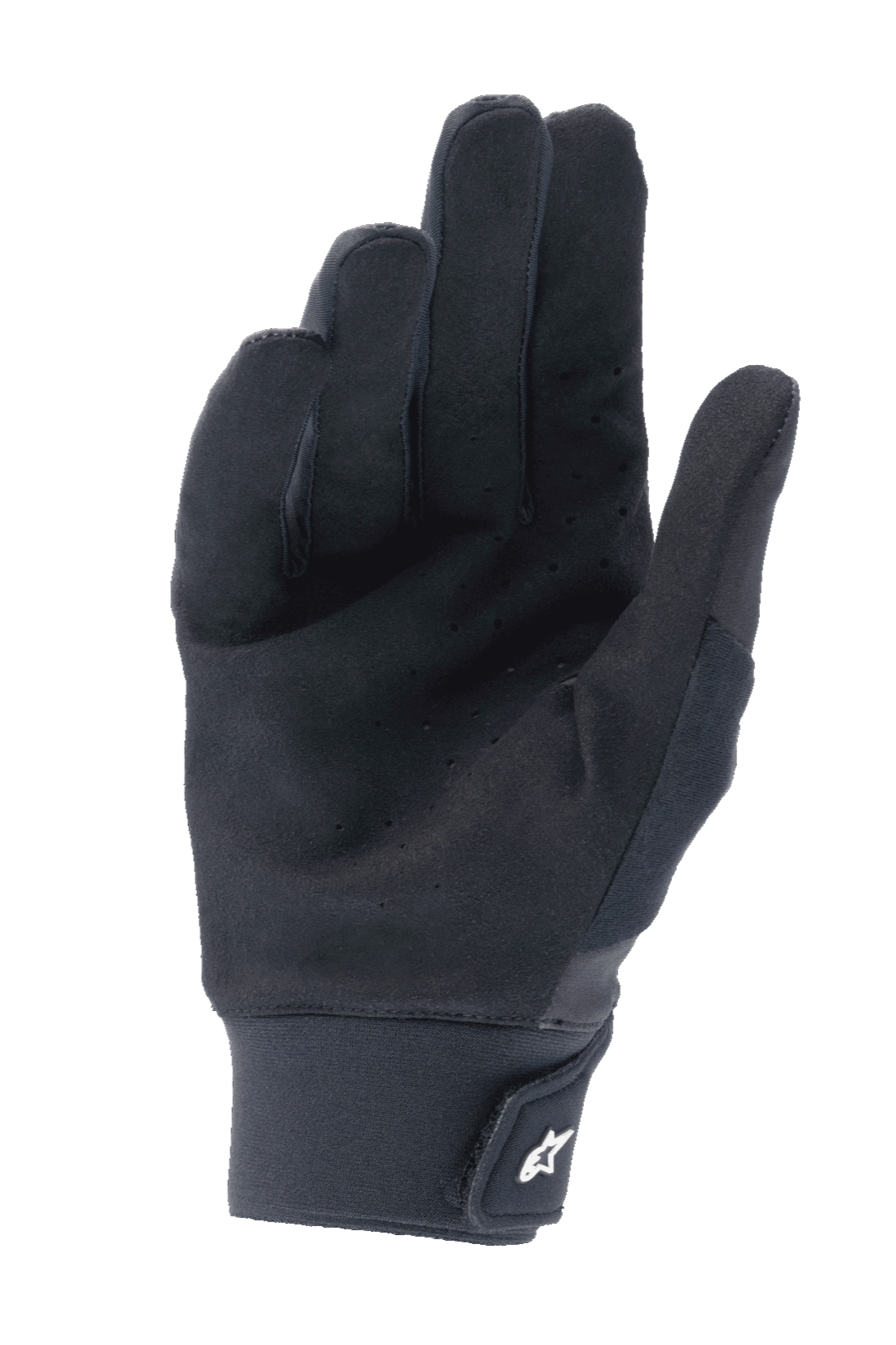Alpinestars A-Supra Handschuhe, Schwarz, Handflächenansicht mit perforiertem synthetischem Wildleder zur Belüftung, Neoprenbund mit Klettverschluss und weißem Logo, Performance-Mountainbike-Ausrüstung