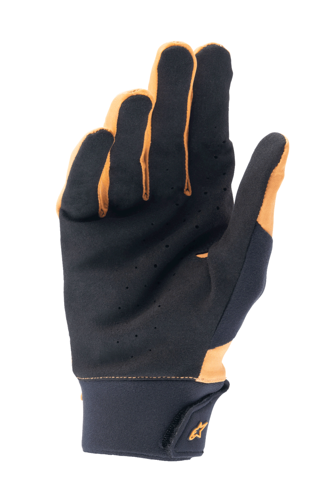 Alpinestars A-Supra Handschuhe, Dunkelgold und Schwarz, Handflächenansicht mit perforiertem synthetischem Wildleder für Belüftung und Grip, breiter Neoprenbund mit Klettverschluss und goldenem Logo, Radsport-Handschuhe für Mountainbiking