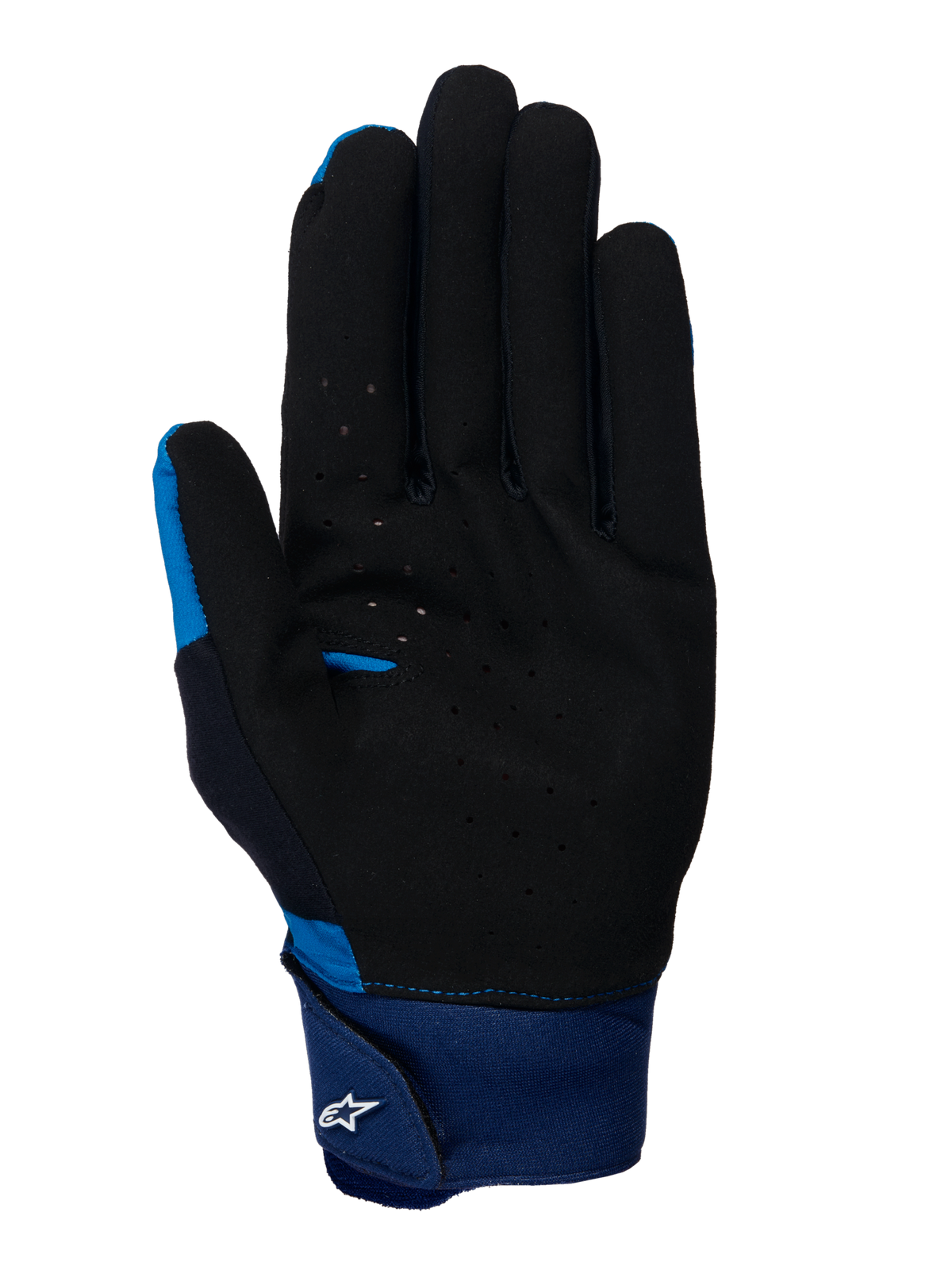 Alpinestars A-Supra Handschuhe, blaue MTB-Handschuhe, Handflächenansicht zeigt schwarzes, perforiertes Wildledermaterial, breiter blauer Neoprenbund mit Klettverschluss und weißem Astars-Logo