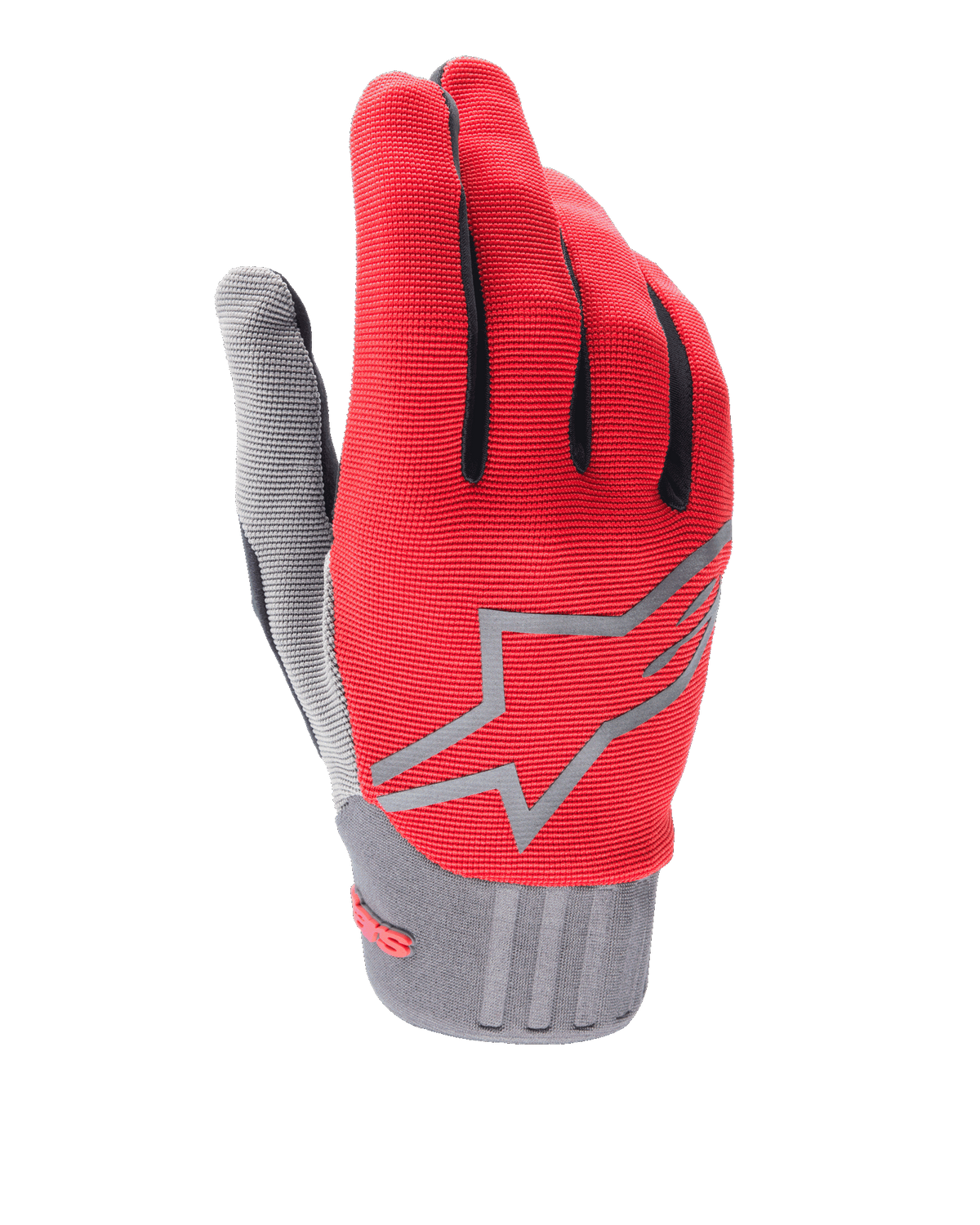 Alpinestars A-Dura Gloves, Mountain Bike Gloves, Red Fluo and Gray, featuring a large gray star logo on the backhand, black finger accents, ribbed cuff, and stretchy fabric for MTB riding