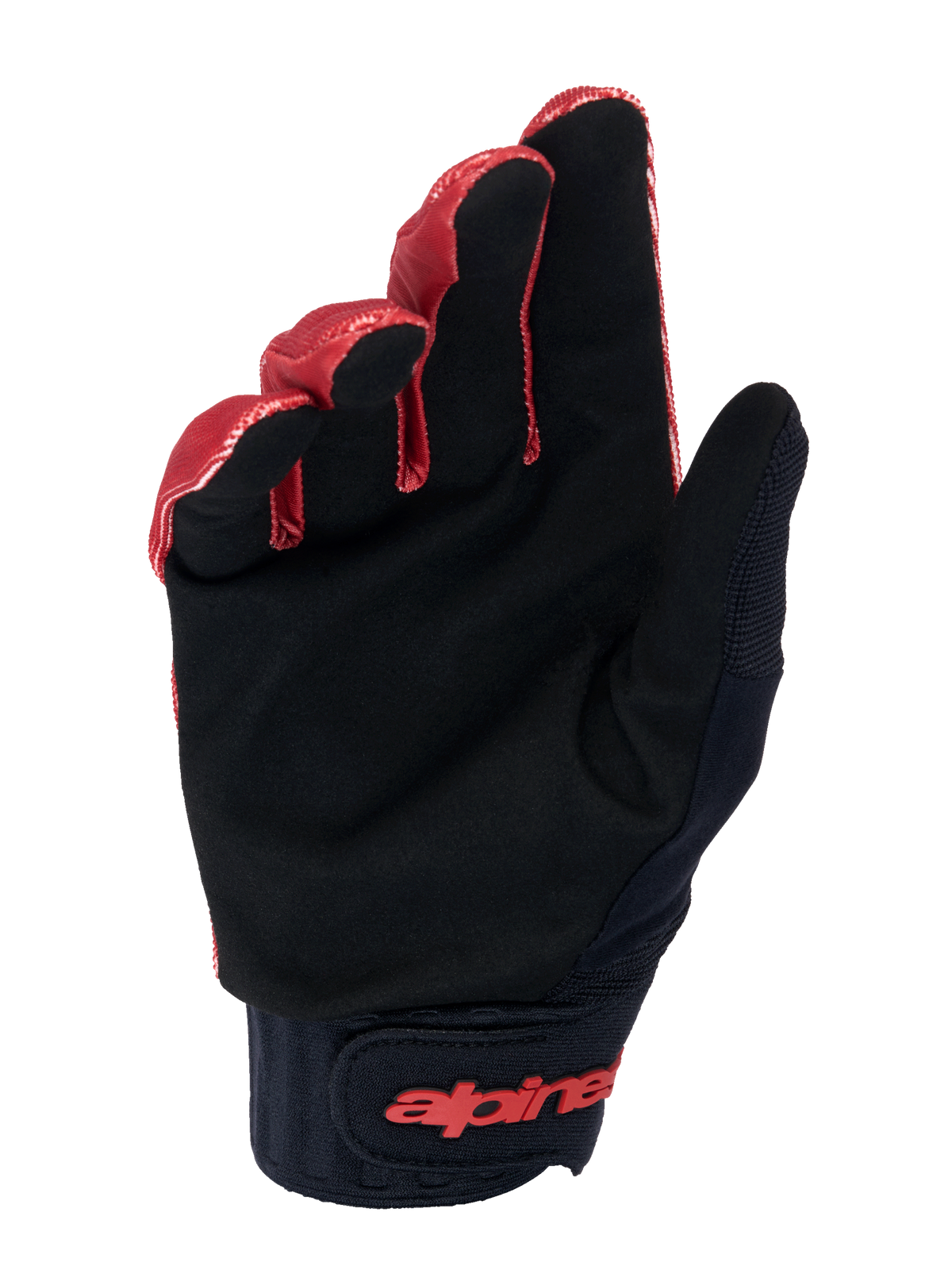Alpinestars A-Dura Gloves, Mountain Bike Gloves, Dark Orange and Black, palm view featuring black synthetic suede for grip, wide neoprene cuff with red branding on the hook and loop wrist closure, designed for MTB durability and feel