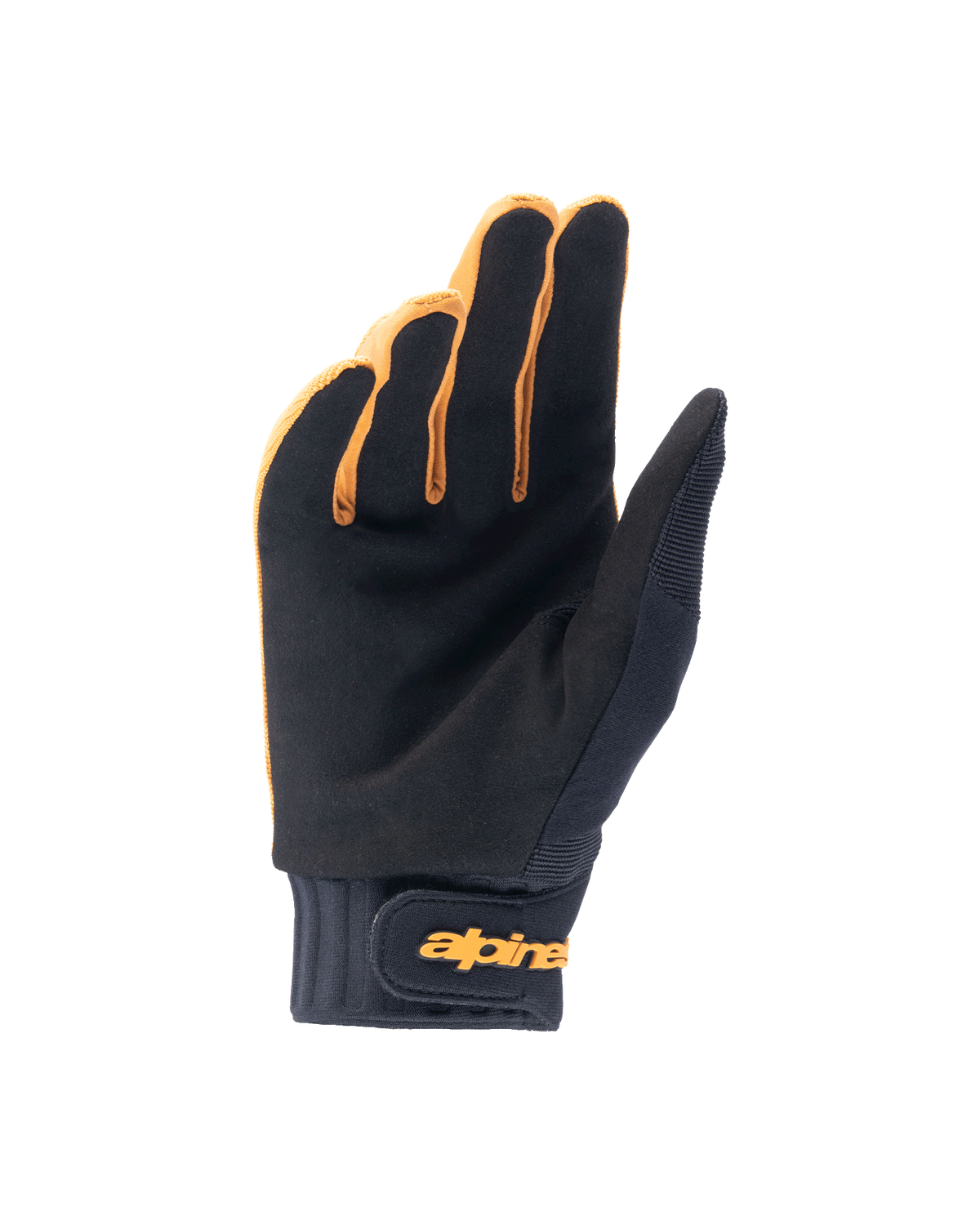Alpinestars A-Dura Handschuhe, Mountainbike-Handschuhe, Dunkelgold und Schwarz, Handflächenansicht mit synthetischem Wildleder, Neoprenmanschette mit goldenem Klettverschluss am Handgelenk, entwickelt für Grip und Beweglichkeit beim Radfahren