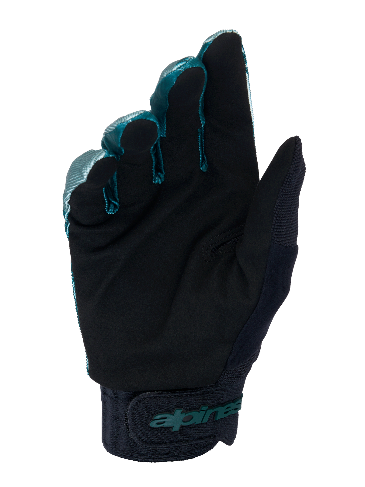 Alpinestars A-Dura Handschuhe, MTB-Fahrradhandschuhe, Green Camo und Schwarz, Innenansicht der Handfläche mit schwarzem synthetischem Wildledermaterial, Neoprenbund mit verstellbarem Klettverschluss, Alpinestars-Branding in Teal, professionelle Offroad-Ausrüstung