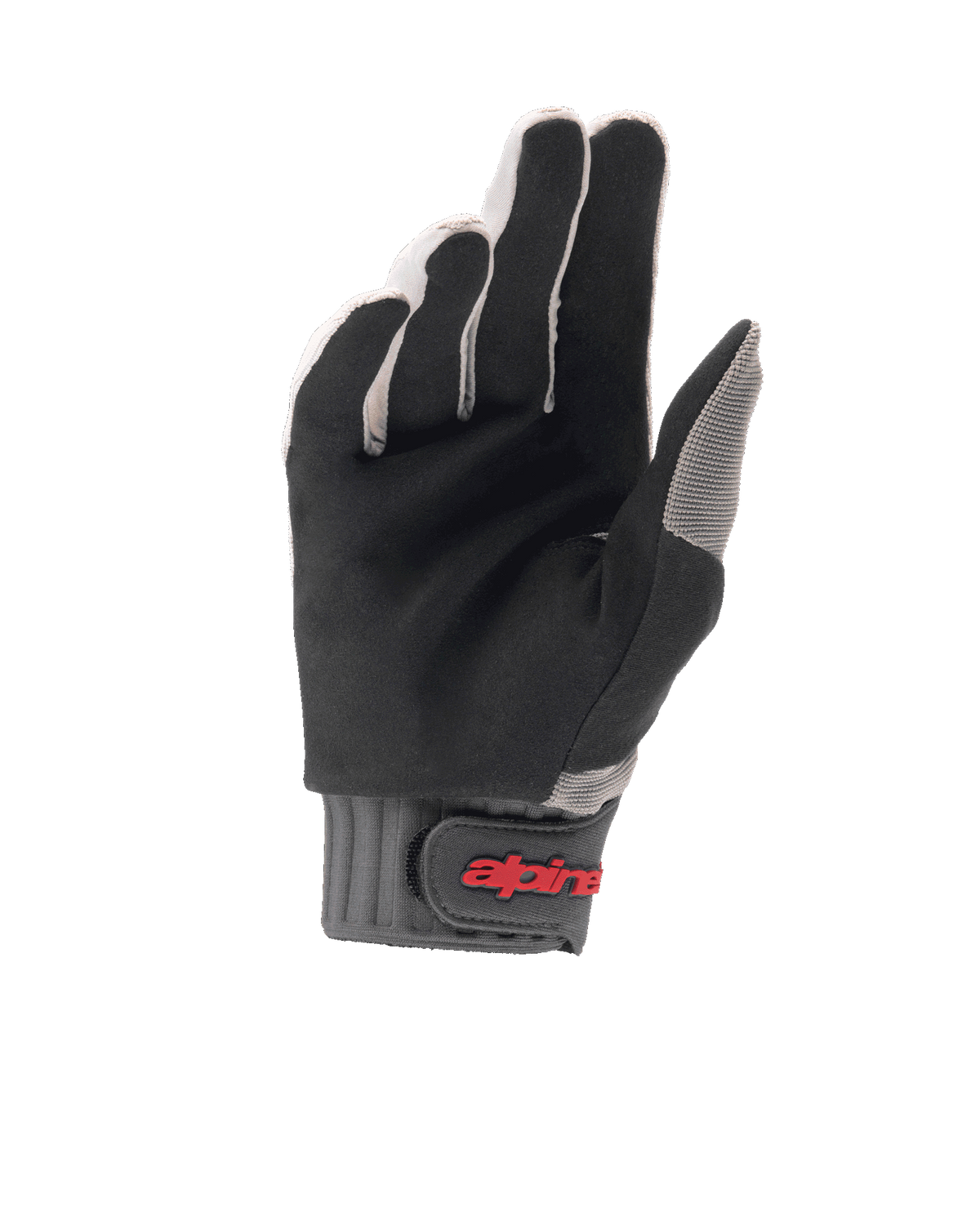Alpinestars A-Dura Handschuhe, MTB-Fahrradhandschuhe, Hellgrau und Schwarz, Handflächenansicht mit strapazierfähigem synthetischem Wildleder, graue gerippte Manschette mit Klettverschluss und rotem Logo, für optimalen Grip und Komfort beim Mountainbiken
