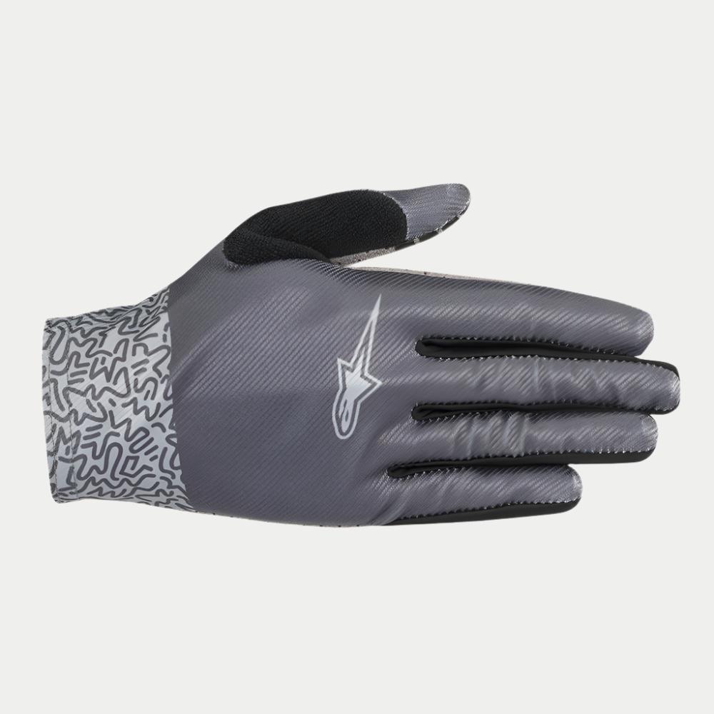 Alpinestars Stella Alderex Pro Damen-Handschuhe, MTB-Handschuhe, Anthrazitgrau, mit diagonal strukturierter Oberhand, weißem Alpinestars-Logo, schwarzem Frottee-Einsatz am Daumen und abstrakt gemusterter Manschette, Offroad-Fahrradausrüstung