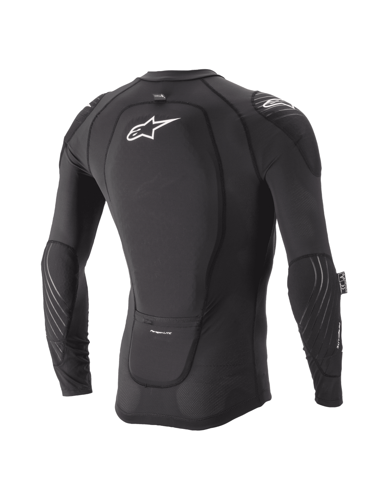 Alpinestars Youth Paragon Lite Schutzjacke, Langarm, Schwarz, Rückansicht mit integriertem Rückenprotektor und weißem Logo, atmungsaktive Mesh-Ärmel mit Ellbogenpolsterung, leichte MTB-Protektorenjacke