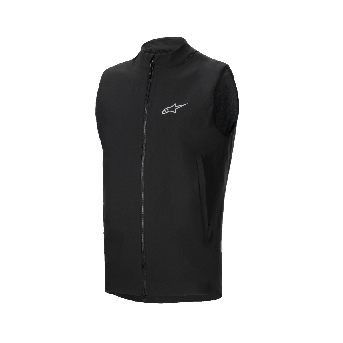 Alpinestars A-Dura Thermoweste, Schwarze Fahrradweste, mit durchgehendem Front-Reißverschluss und kleinem reflektierendem Alpinestars-Logo auf der Brust, seitlichen Reißverschlusstaschen, leichtes, isoliertes Design für Mountainbiking bei kaltem Wetter
