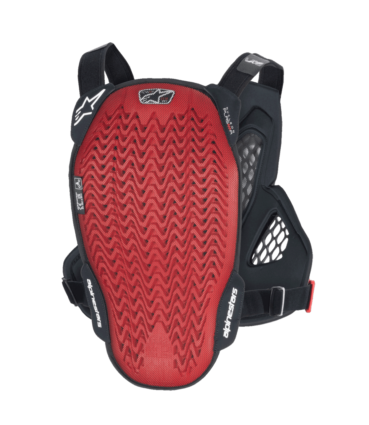 Alpinestars A-6 Plasma Brustschutz, Rückansicht, rote strukturierte Nucleon PLASMA Rückenplatte mit schwarzen Seitenflügeln und verstellbaren Riemen, MTB-Gravity-Schutzausrüstung in Schwarz Anthrazit Rot