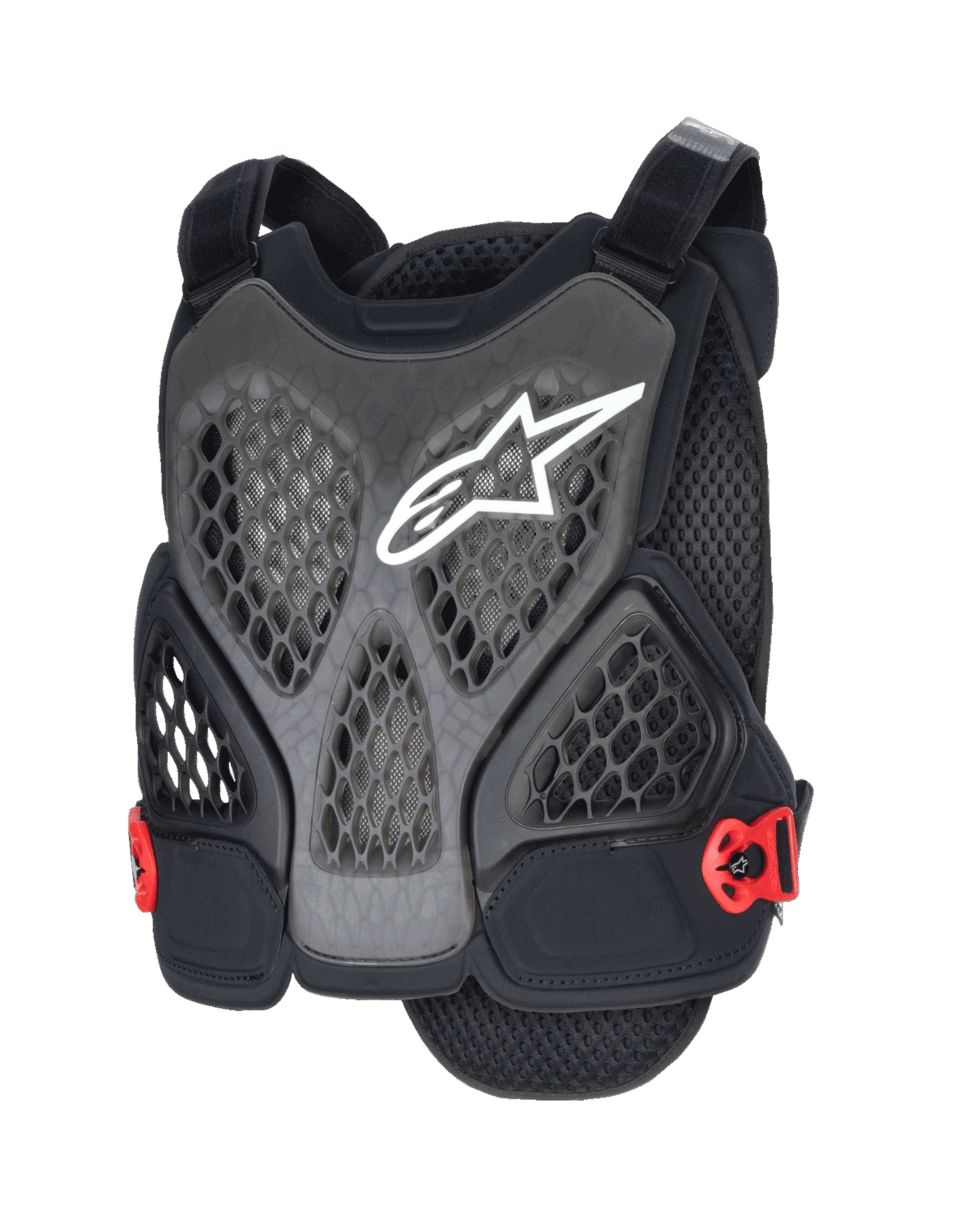 Alpinestars A-6 Plasma Brustpanzer, MTB-Brustschutz, Schwarz Anthrazit und Rot, mit weißem Stern-Logo, perforierten Waben-Mesh-Einsätzen zur Belüftung, roten Seitenschnallen und verstellbaren Schultergurten, entwickelt für Offroad- und Gravity-Mountainbike-Schutz.