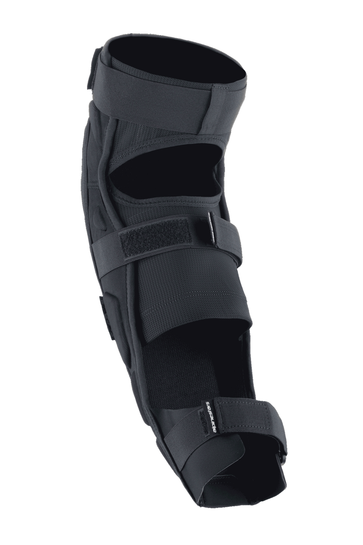 Alpinestars A-Impact Plasma Pro Knie-Schienbein-Protektor, Schwarz, Rückansicht mit Dreifach-Riemen-Verschlusssystem, atmungsaktiven Mesh-Einsätzen und ergonomisch vorgeformtem Design für Schutz beim Offroad-Radfahren
