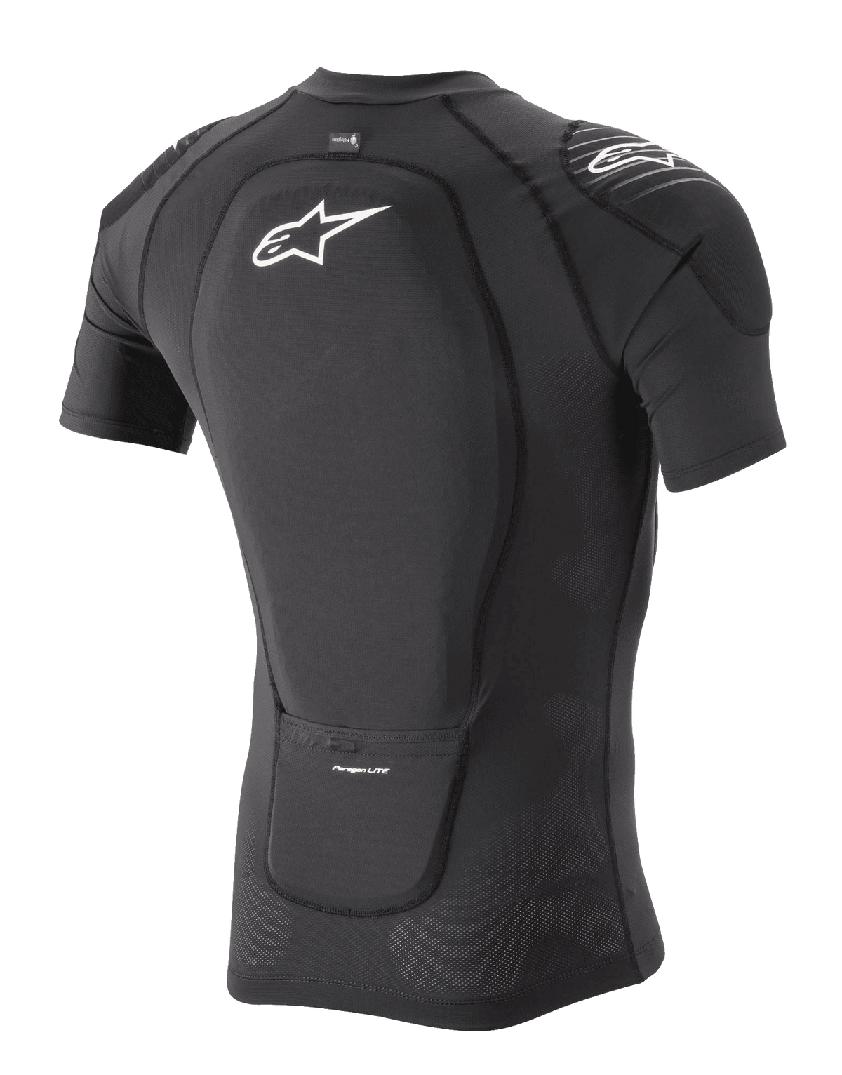 Alpinestars Paragon Lite Schutzjacke – Kurzarm, Schwarz, Dreiviertel-Rückansicht mit integriertem Rückenprotektor und atmungsaktiver Stretch-Mesh-Konstruktion, weißes Alpinestars-Logo auf Rücken und Schulter, leichte Mountainbike-Schutzausrüstung