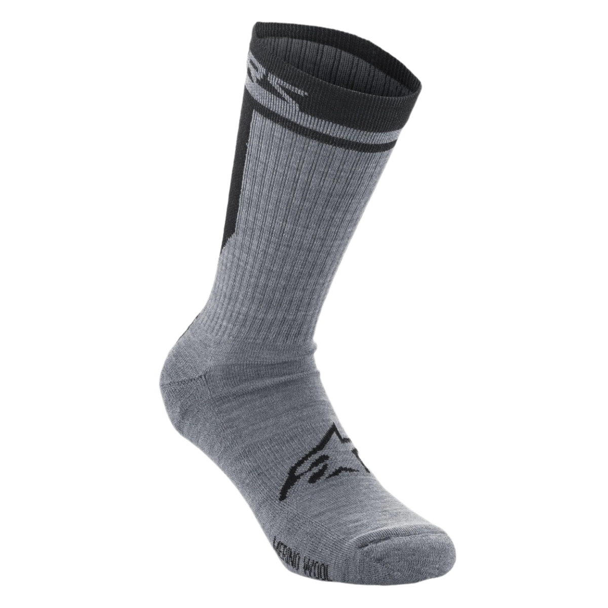 Alpinestars Merino Socks 24, Cycling Socks, Gray and Black, single-layer merino wool knit, black ribbed cuff with branding, black Astars logo on the top of the foot