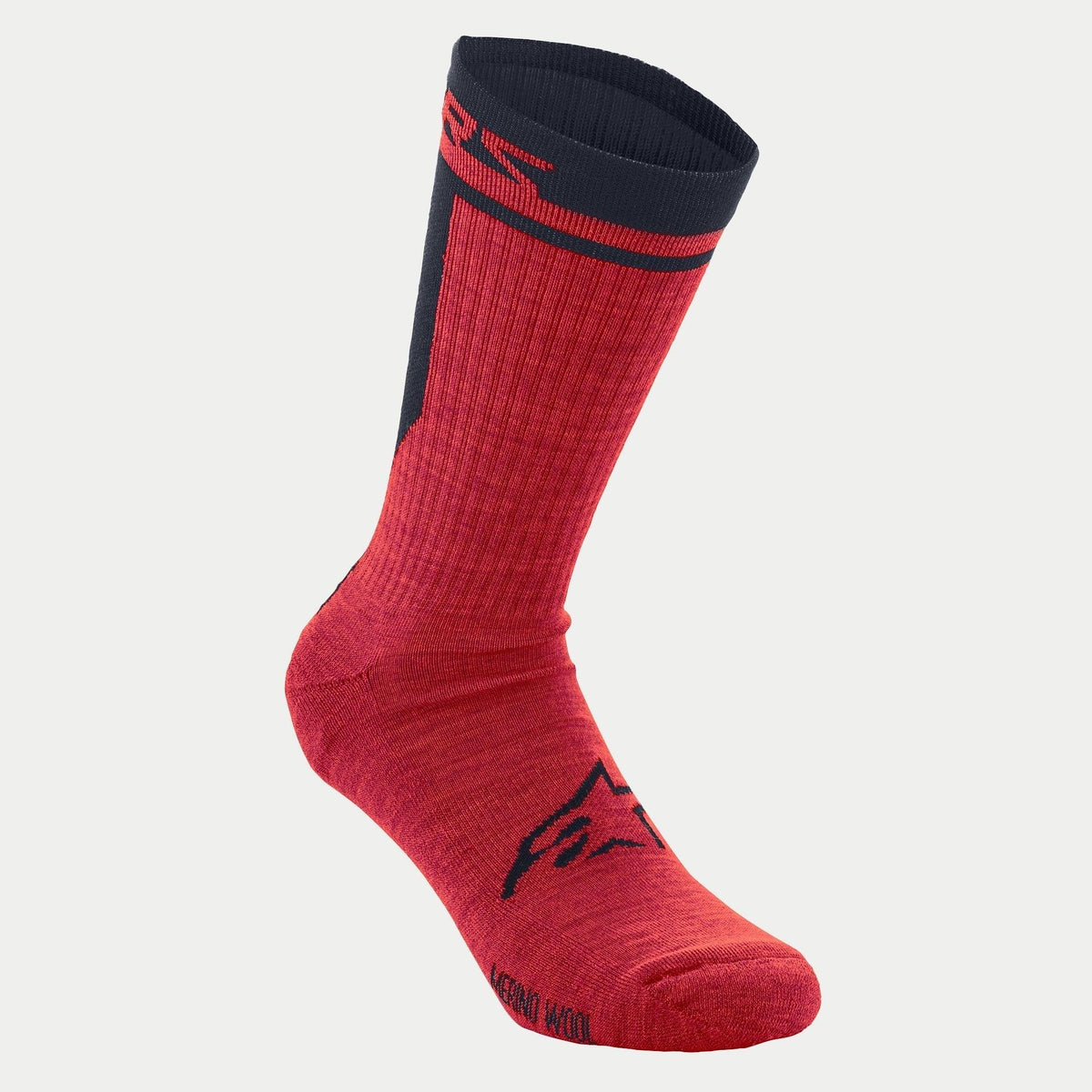 Alpinestars Merino Socken 24, Radsocken, Rot und Schwarz, mit 24 cm Schafthöhe, schwarzem Alpinestars-Logo auf dem Fuß und strukturierter Merinowoll-Konstruktion für Isolierung und Feuchtigkeitsmanagement.