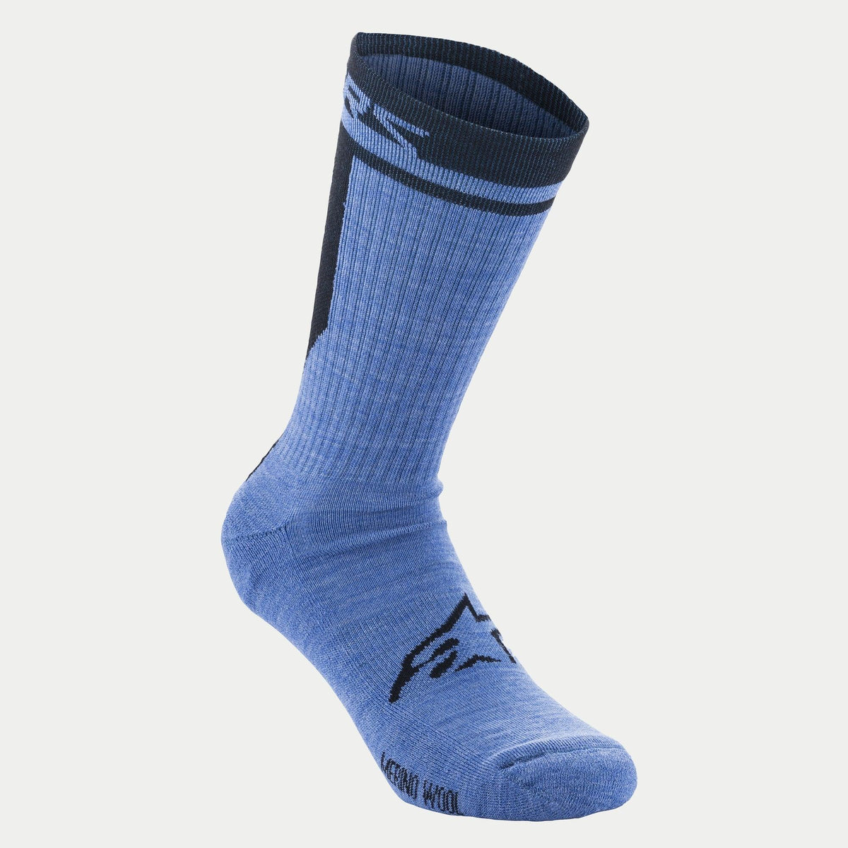 Alpinestars Merino Socks 24, Cycling Socks, Blue and Black, featuring 'Merino Wool' text on the toe and a black Astars logo on the top of the foot, mid-calf 24cm length for mountain bike and road riding.