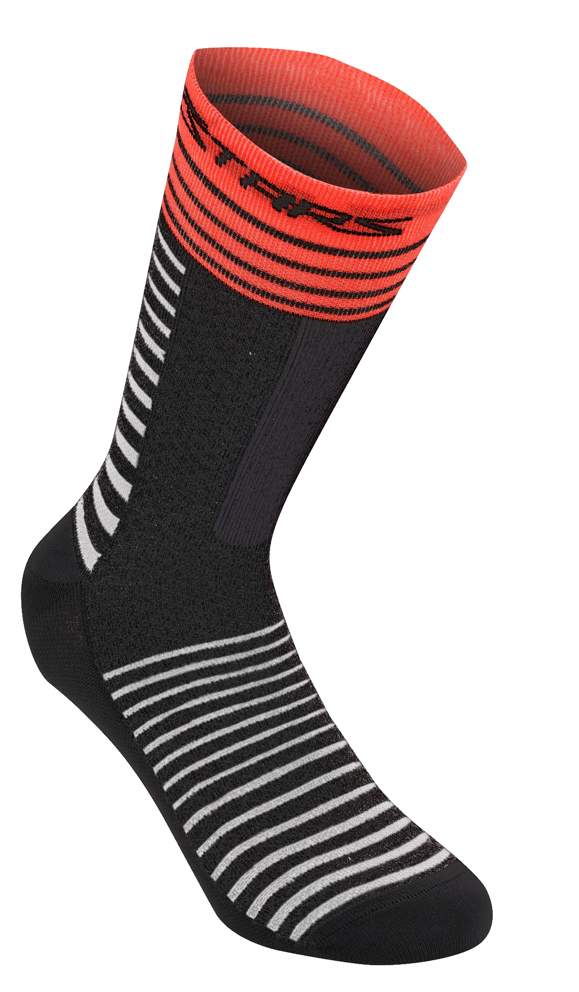 Alpinestars Drop Socken 19, MTB-Radsocken, Schwarz mit weißen horizontalen Streifen, leuchtend roter gerippter Bund mit schwarzem Logo, leichte Mesh-Konstruktion, 19 cm Länge