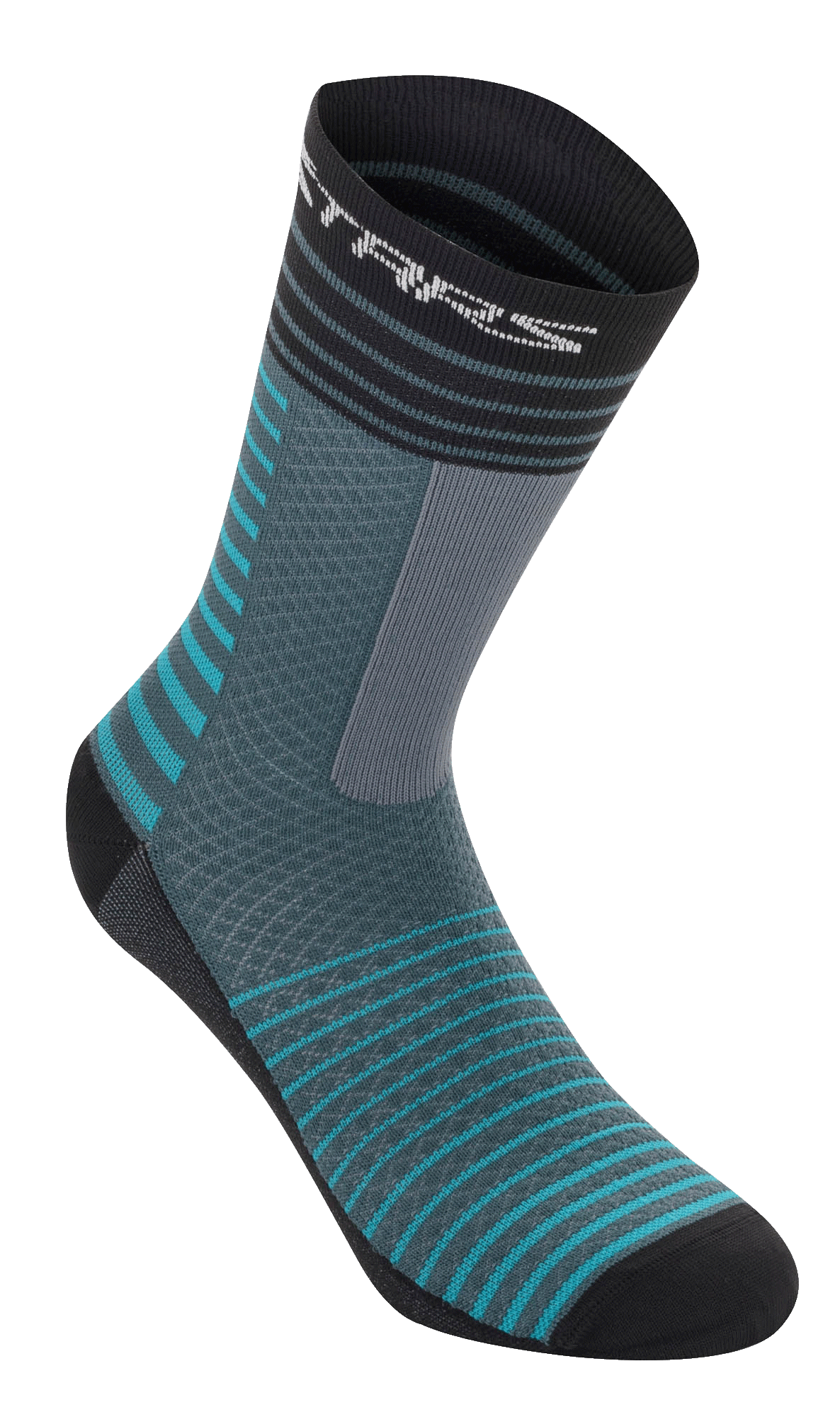 Alpinestars Drop Socks 19, Fahrradsocken, Atlantic Ceramic und Grau, horizontales Streifendesign in Türkis und Schwarz, atmungsaktive Mesh-Konstruktion, wadenlang, Performance-Ausrüstung für Mountainbiking