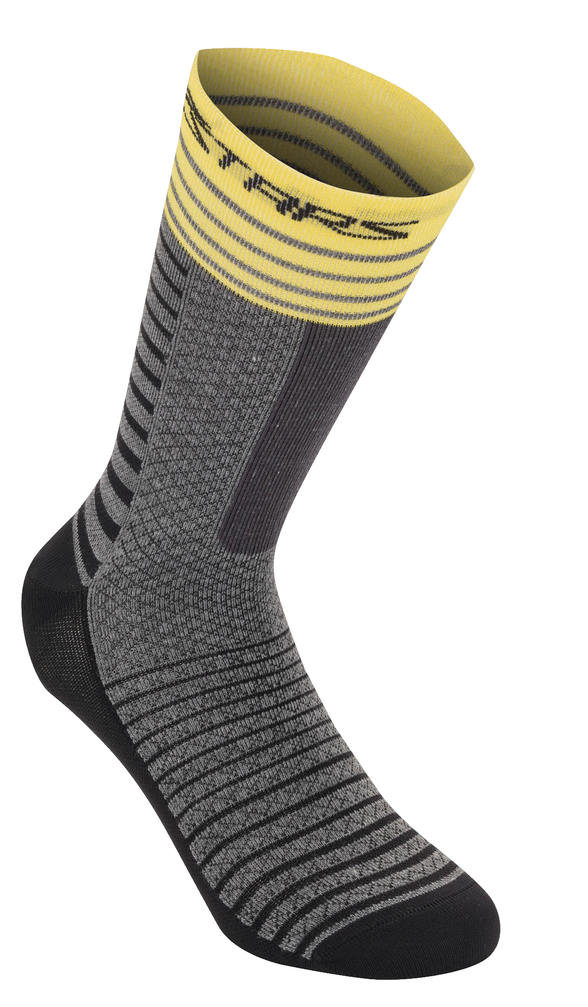 Alpinestars Drop Socks 19, Radsocken, Mittelgrau und Gelb, gelbes geripptes Bündchen mit Streifen, grauer strukturierter Stoff mit schwarzen horizontalen Mustern, schwarze verstärkte Ferse und Zehenpartie, atmungsaktive Performance-MTB-Ausrüstung