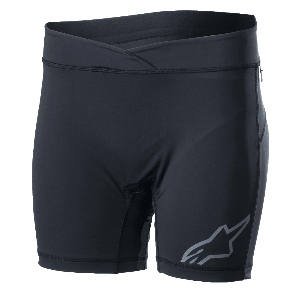 Alpinestars Stella Drop Innenhose für Damen, schwarzer Radsport-Baselayer, körpernahe Kompressionsshorts mit Crossover-Bund, graues Alpinestars-Logo am Bein, feuchtigkeitsableitendes Stretchgewebe für MTB und Enduro