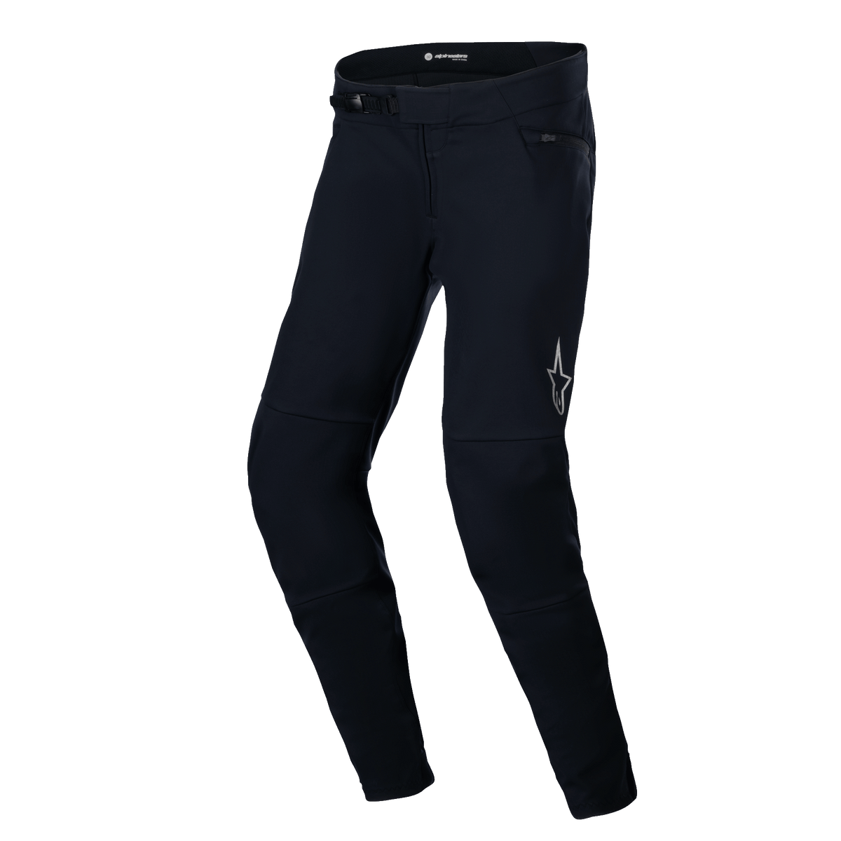 Alpinestars A-Dura Thermal Pant, Mountain Bike Pants, Black, featuring a rugged nylon shell with a ratchet closure system, reflective star logo on the left thigh, and an anatomically pre-curved shape for off-road riding comfort.