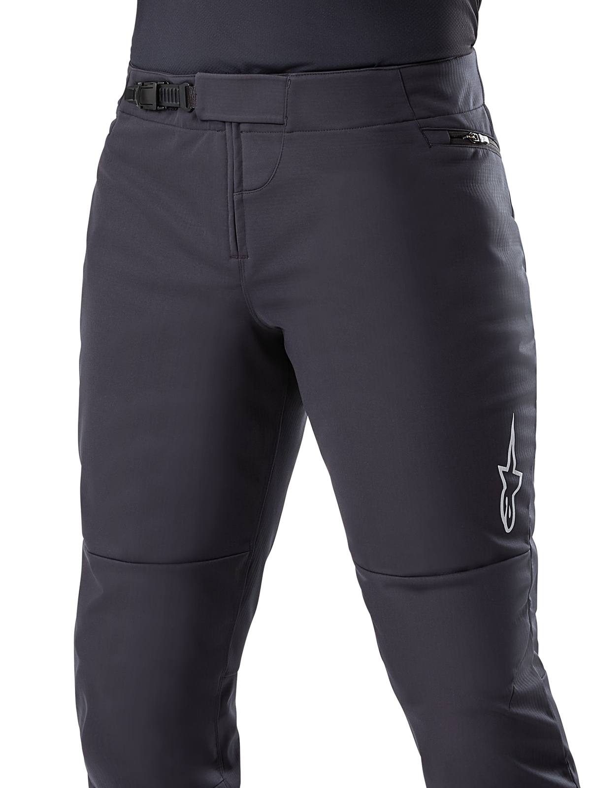 Alpinestars A-Dura Thermal Pant, Black MTB Pants, featuring a secure ratchet waist closure and zippered hip pocket, white star logo on the side, pre-curved shape for riding comfort, durable thermal material for cold-weather cycling