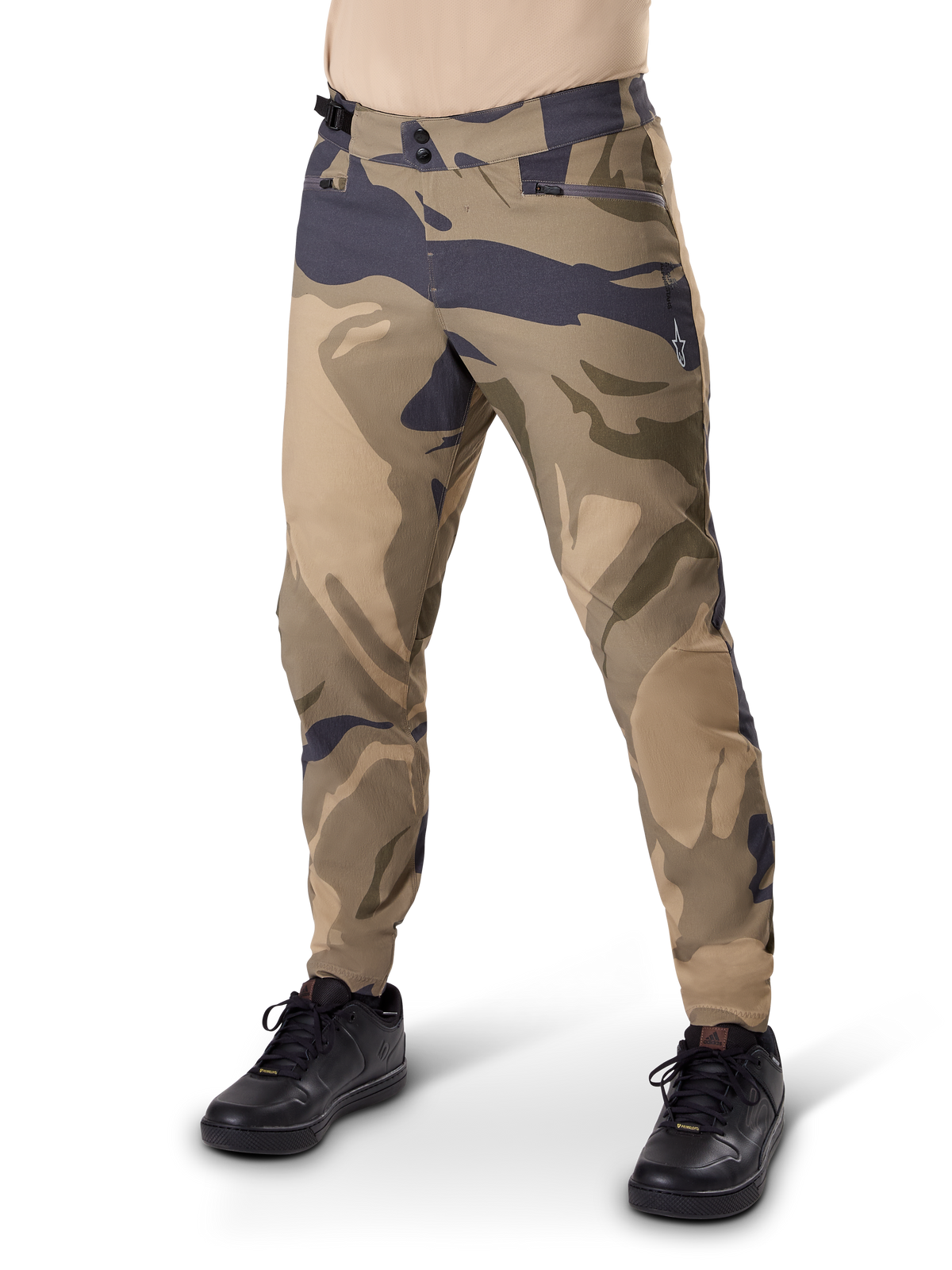 Alpinestars A-Dura Camo Pant, MTB Cycling Pants, Brown Camo, features double snap closure and zippered pockets, regular fit for off-road mountain biking, worn with black shoes