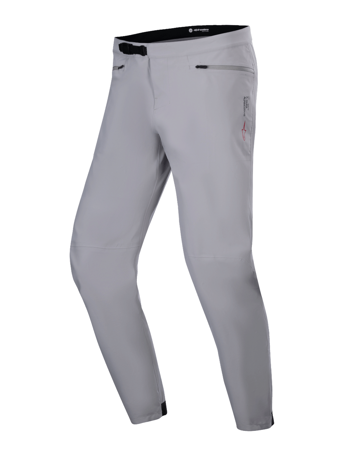 Alpinestars A-Dura Waterproof Pants, MTB Pants, Titanium gray, featuring a black ratchet waist closure, zippered hip pockets, and tapered leg, durable waterproof design for mountain biking.
