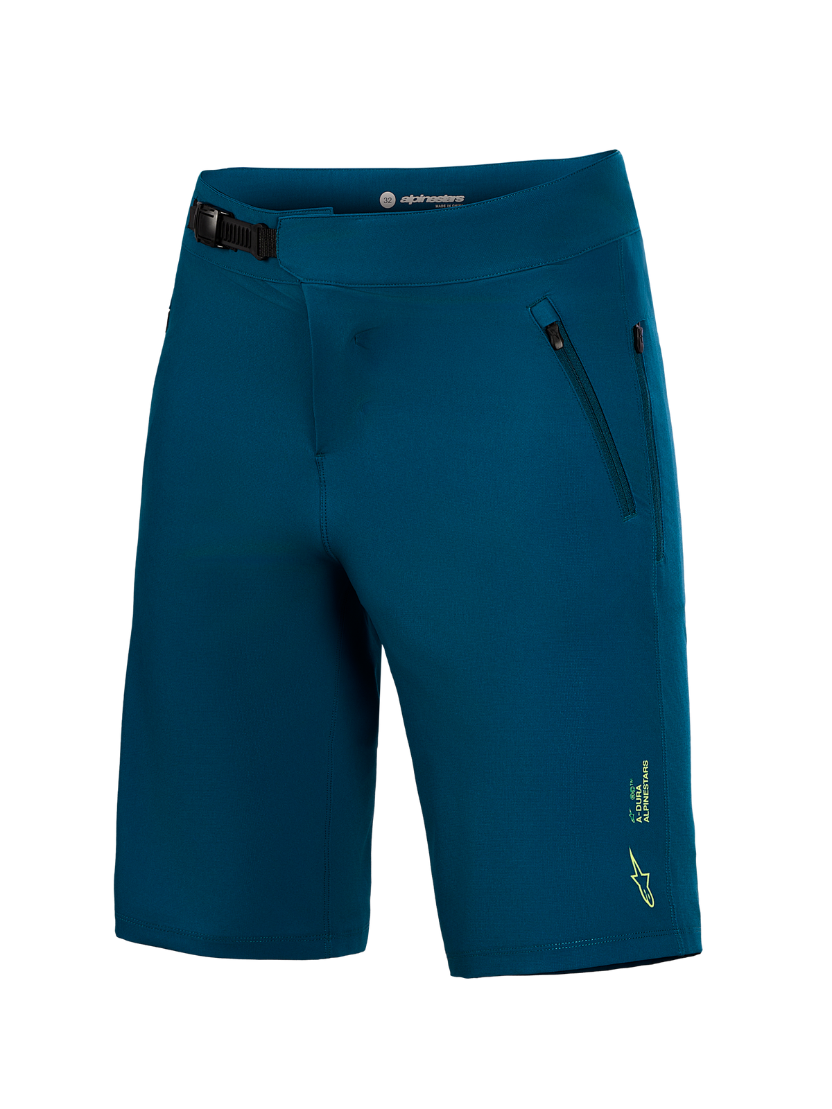 Alpinestars A-Dura Ride Shorts in Blau-Grün, MTB-Hose mit Ratschenverschluss und Reißverschlusstaschen für Performance.